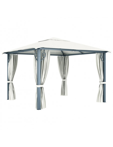 Gazebo con Tende Stringa di Luci LED 300x300 cm Crema Alluminio