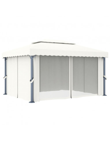 Gazebo con Tende e Stringa di Luci LED 4x3 m Bianco Crema