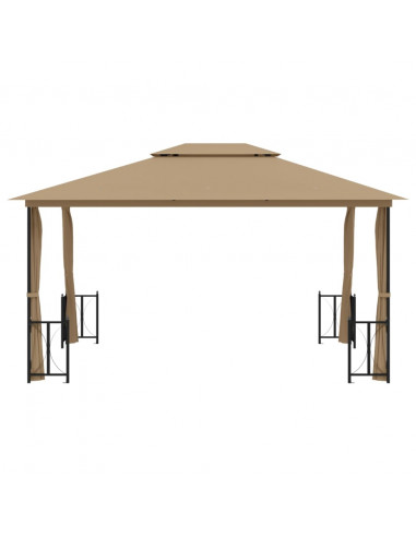 Gazebo con Teli Laterali e Doppio Tetto 3x4 m Tortora