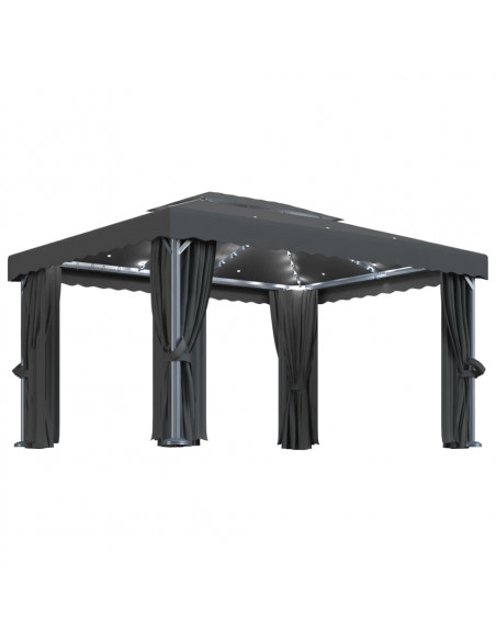Gazebo con Tende e Stringa di Luci LED 4x3 m Antracite