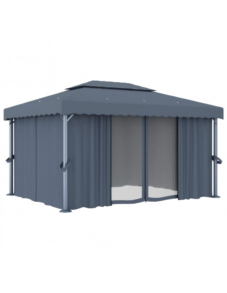 Gazebo con Tende e Stringa di Luci LED 4x3 m Antracite