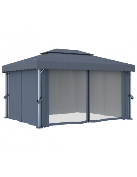 Gazebo con Tende e Stringa di Luci LED 4x3 m Antracite