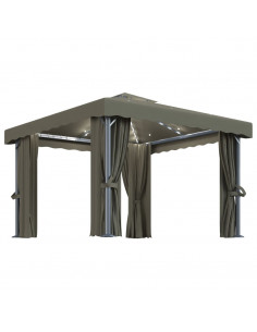 Gazebo con Tende e Stringa di Luci LED 3x3 m Grigio Talpa 2