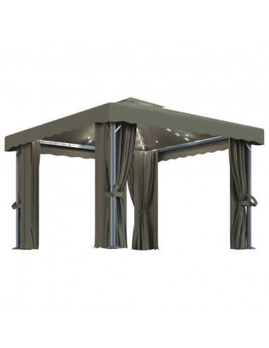 Gazebo con Tende e Stringa di Luci LED 3x3 m Grigio Talpa