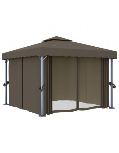 Gazebo con Tende e Stringa di Luci LED 3x3 m Grigio Talpa