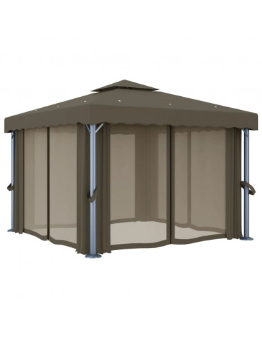 Gazebo con Tende e Stringa di Luci LED 3x3 m Grigio Talpa