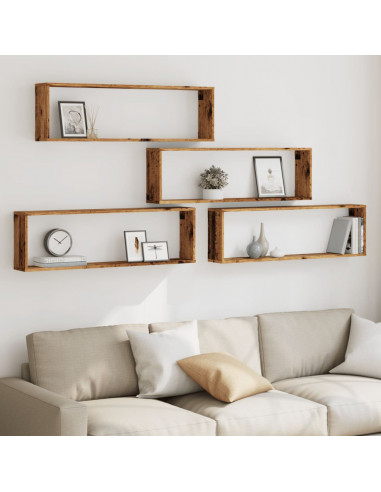 Mensole Parete a Cubo 4 pz Legno Vecchio 100x15x30cm Truciolato