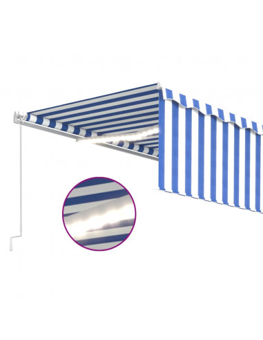 Tenda Sole Retrattile Manuale con LED 5x3m Blu e Bianco