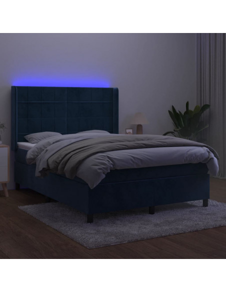 Letto a Molle con Materasso e LED Blu Scuro 140x190 cm