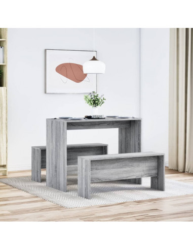 Set Tavolo da Pranzo e Panche 3 pz Grigio Sonoma in Truciolato