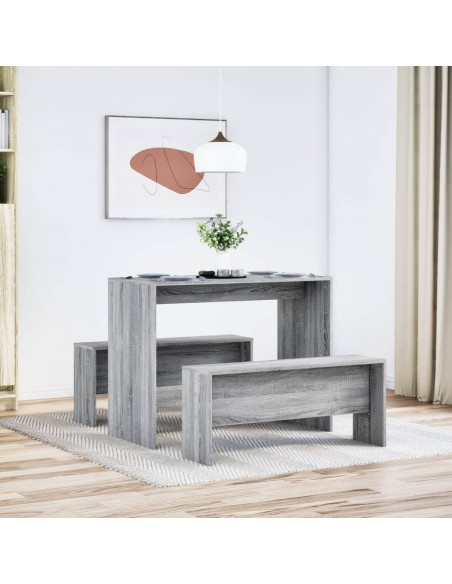 Set Tavolo da Pranzo e Panche 3 pz Grigio Sonoma in Truciolato