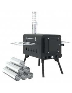 Stufa a Legna da Tenda Camino e Gambe Pieghevoli Nere Acciaio 2