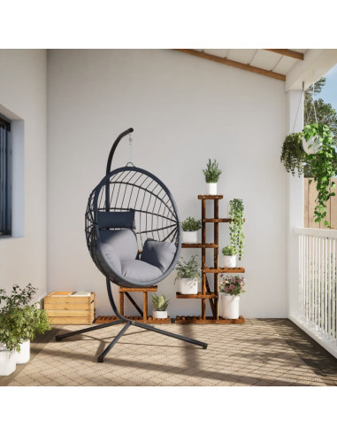 Sedia a Uovo Sospesa con Supporto Grigio in Rattan e Acciaio