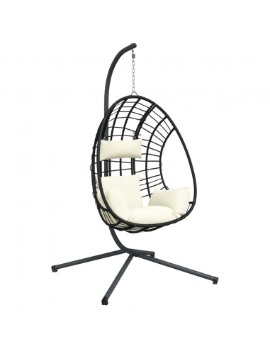 Sedia a Uovo Sospesa con Supporto Beige in Polyrattan e Acciaio