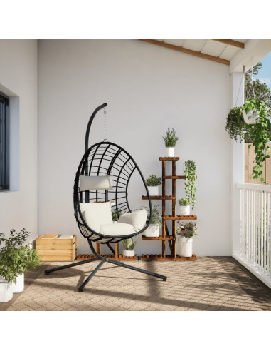 Sedia a Uovo Sospesa con Supporto Beige in Polyrattan e Acciaio