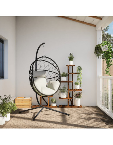 Sedia a Uovo Sospesa con Supporto Beige in Polyrattan e Acciaio