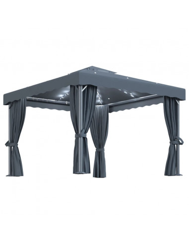 Gazebo con Tende e Stringa di Luci LED 3x3 m Antracite