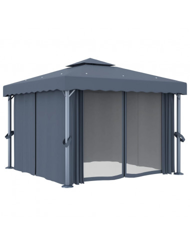 Gazebo con Tende e Stringa di Luci LED 3x3 m Antracite