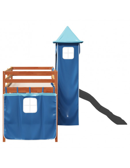 Letto a Soppalco con Torre Bambini Blu 90x190cm Massello Pino