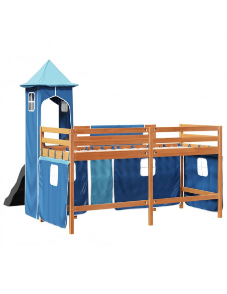 Letto a Soppalco con Torre Bambini Blu 90x190cm Massello Pino