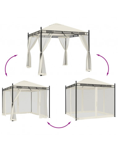 Gazebo con Pareti in Rete Crema 2,93x2,93 m in Acciaio