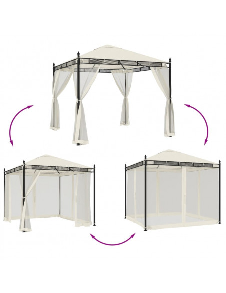 Gazebo con Pareti in Rete Crema 2,93x2,93 m in Acciaio