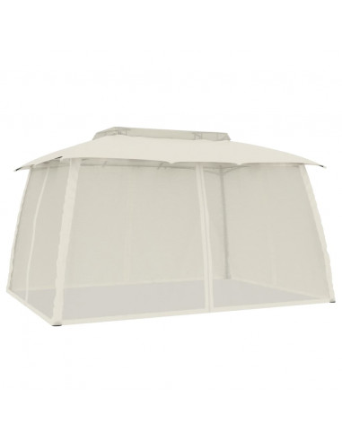 Gazebo con Tetto Doppio e Pareti Rete Crema 3,93x2,93 m Acciaio