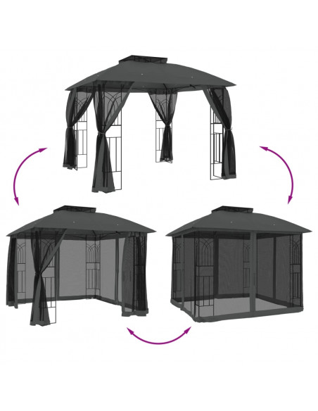 Gazebo Tetto Doppio e Pareti Rete Antracite 2,94x2,94 m Acciaio