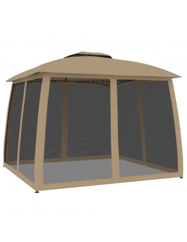 Gazebo con Tetto Doppio/Pareti Rete Tortora 2,93x2,93 m Acciaio