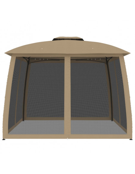 Gazebo con Tetto Doppio/Pareti Rete Tortora 2,93x2,93 m Acciaio