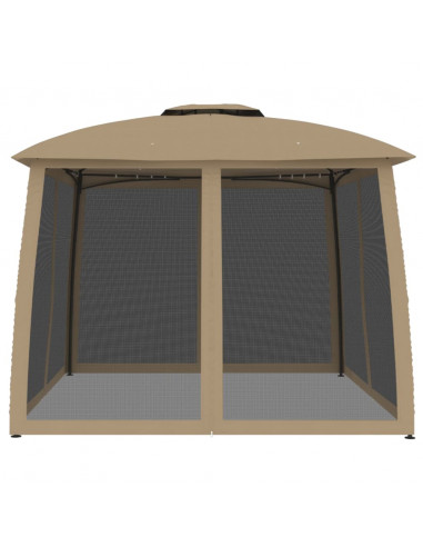 Gazebo con Tetto Doppio/Pareti Rete Tortora 2,93x2,93 m Acciaio