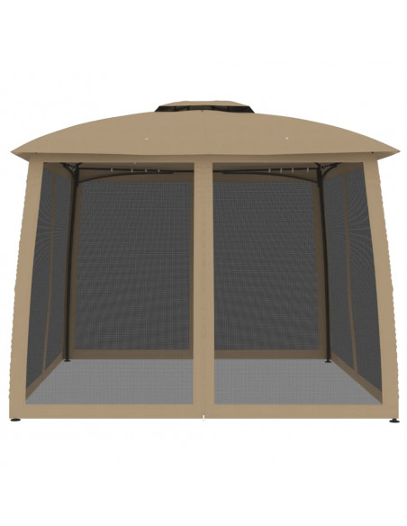 Gazebo con Tetto Doppio/Pareti Rete Tortora 2,93x2,93 m Acciaio