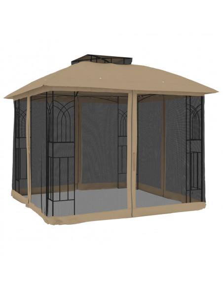 Gazebo con Tetto Doppio/Pareti Rete Tortora 2,94x2,94 m Acciaio