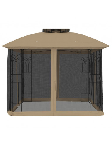 Gazebo con Tetto Doppio/Pareti Rete Tortora 2,94x2,94 m Acciaio