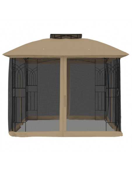 Gazebo con Tetto Doppio/Pareti Rete Tortora 2,94x2,94 m Acciaio