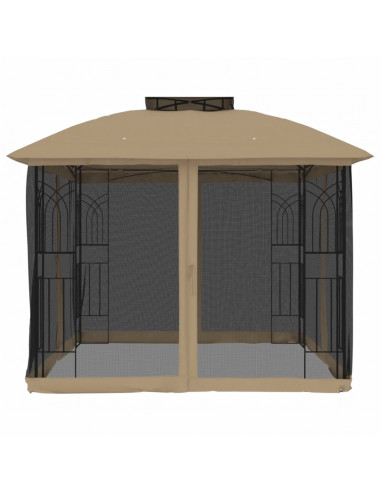 Gazebo con Tetto Doppio/Pareti Rete Tortora 2,94x2,94 m Acciaio
