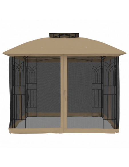 Gazebo con Tetto Doppio/Pareti Rete Tortora 2,94x2,94 m Acciaio