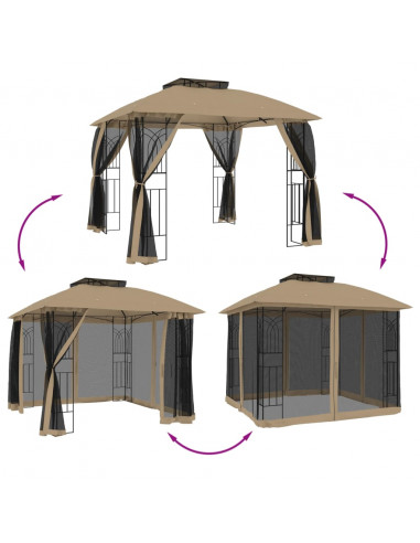 Gazebo con Tetto Doppio/Pareti Rete Tortora 2,94x2,94 m Acciaio