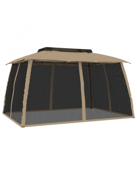 Gazebo con Tetto Doppio/Pareti Rete Tortora 3,93x2,93 m Acciaio