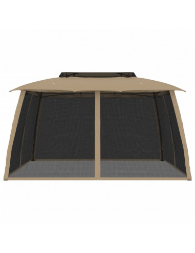 Gazebo con Tetto Doppio/Pareti Rete Tortora 3,93x2,93 m Acciaio