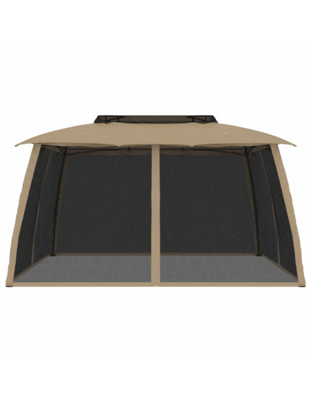 Gazebo con Tetto Doppio/Pareti Rete Tortora 3,93x2,93 m Acciaio