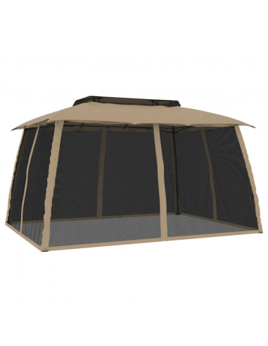 Gazebo con Tetto Doppio/Pareti Rete Tortora 3,93x2,93 m Acciaio