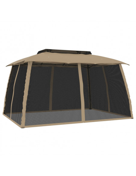 Gazebo con Tetto Doppio/Pareti Rete Tortora 3,93x2,93 m Acciaio