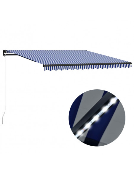 Tenda da Sole Retrattile Manuale con LED 450x300cm Blu e Bianco
