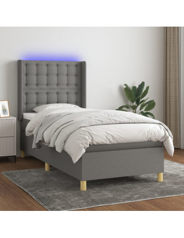 Letto a Molle Materasso e LED Grigio Scuro 100x200cm in Tessuto