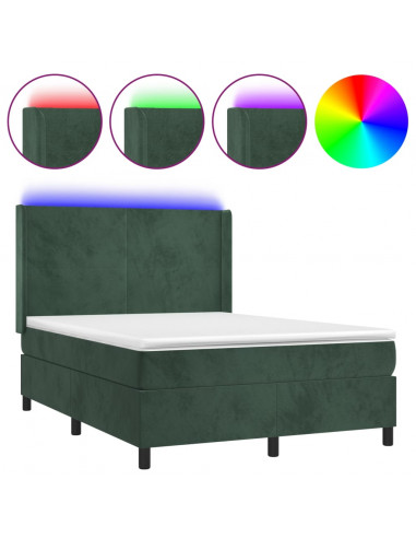 Letto a Molle con Materasso e LED Verde Scuro 140x200cm Velluto