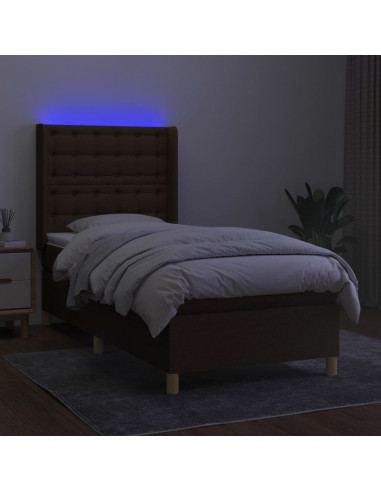 Letto a Molle Materasso e LED Marrone Scuro 90x200cm in Tessuto