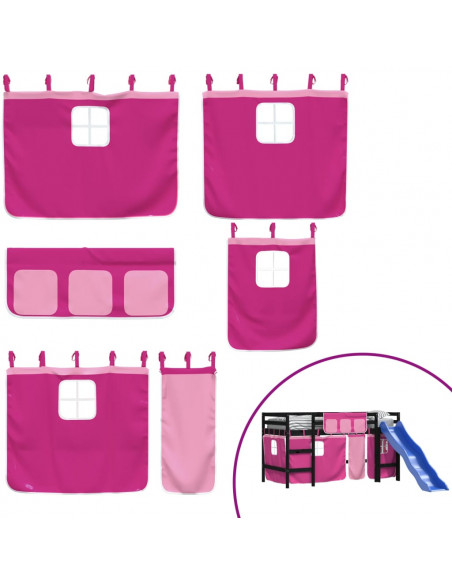 Letto a Soppalco con Tende Bambini Rosa 90x190 cm Massello Pino