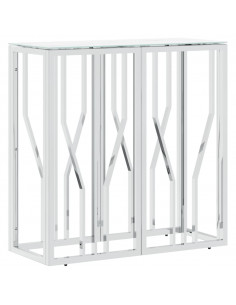 Tavolino Consolle Argento 70x30x70 cm in Acciaio Inox e Vetro 2