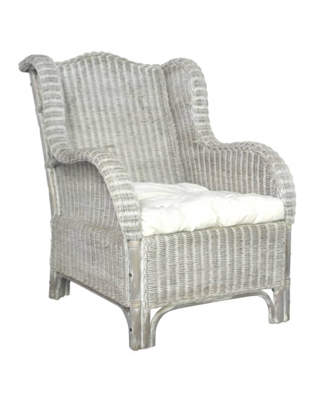 Poltrona con Cuscino Grigio in Rattan Naturale e Lino
